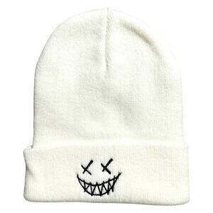 Knitted Woven White Scary Smiley Face Beanie Mens OS - Punk Skater Preppy Casual